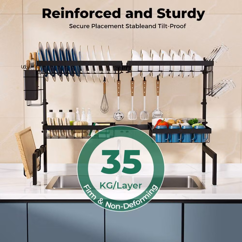 Levede 2-Tier Expandable Over the Sink Dish Drying Rack in Black with Cutlery and Cup Holders – 6