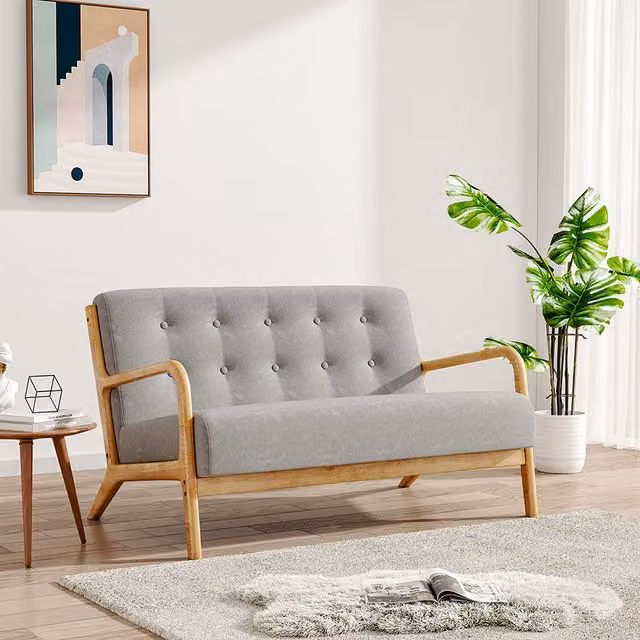 Livingandhome Retro Fabric Upholstered Armchair with Solid Wood Frame and Button Detailing, Width: 129 cm