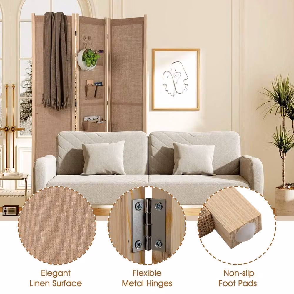 Costway 3-Panel Faux Linen Folding Privacy Screen Room Divider in Sand/Beige – 2