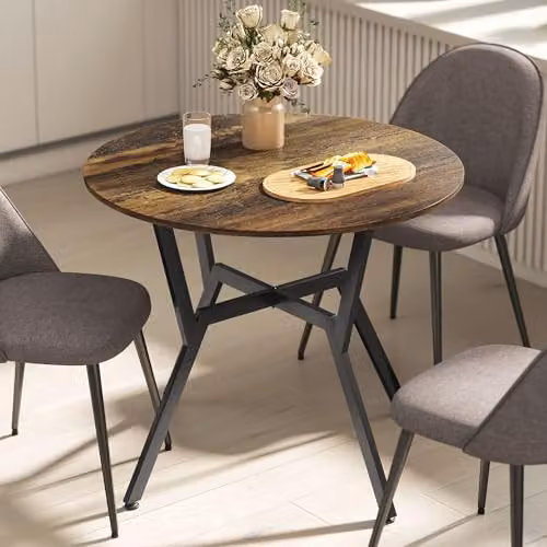 HOMCOM Round Dining Table with Black Metal Legs in Brown – 7