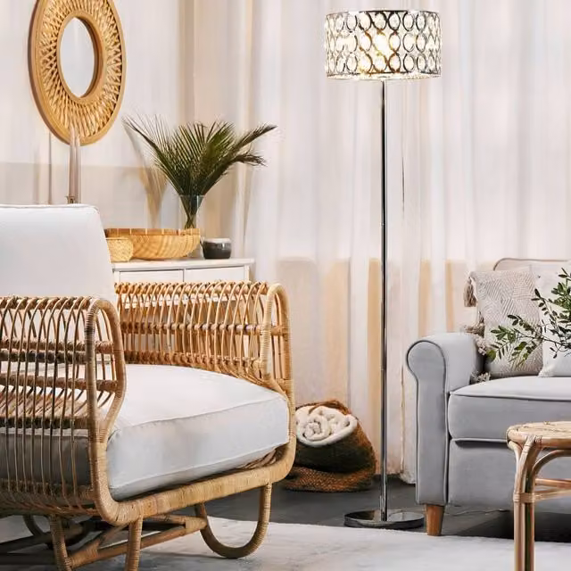 Wyld and Coco Glamour Lux Silver Metal and Crystal Floor Lamp with Cylinder Shade, Height: 160 cm