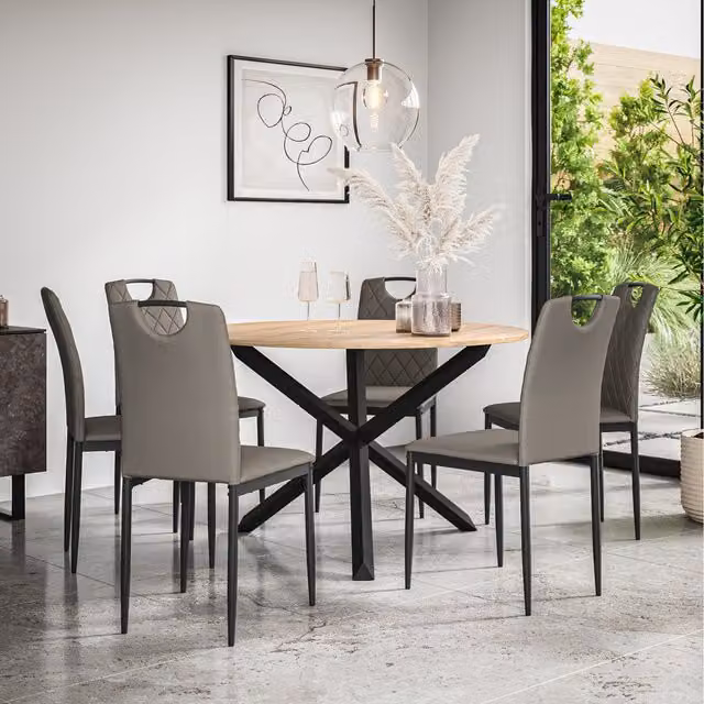 More4Homes Malvern Round Oak Effect Dining Table Set with 6 Grey Monza Chairs and Black Oak Legs