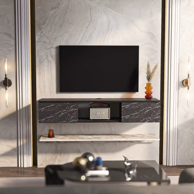 Decorotika Elia Floating TV Unit with Accent Shelf in White and Black Marble Effect