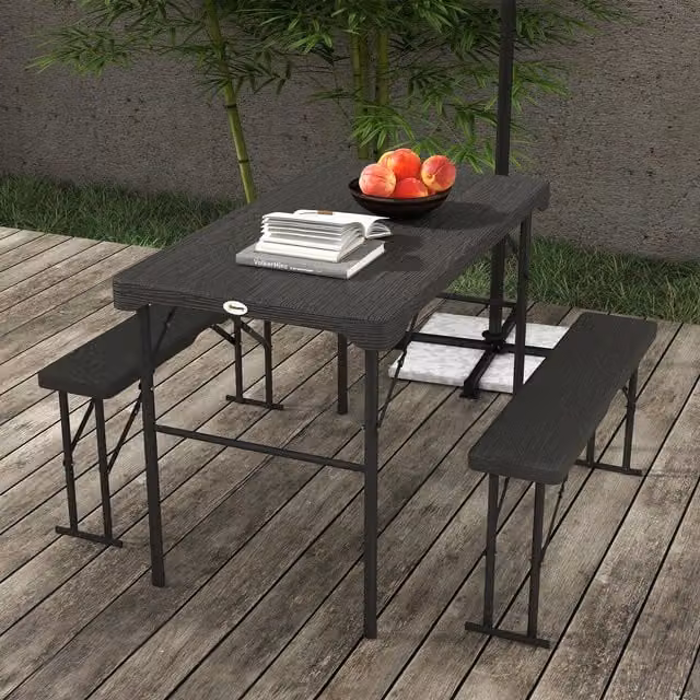 Outsunny Folding Picnic Table with 2 Benches in Dark Grey