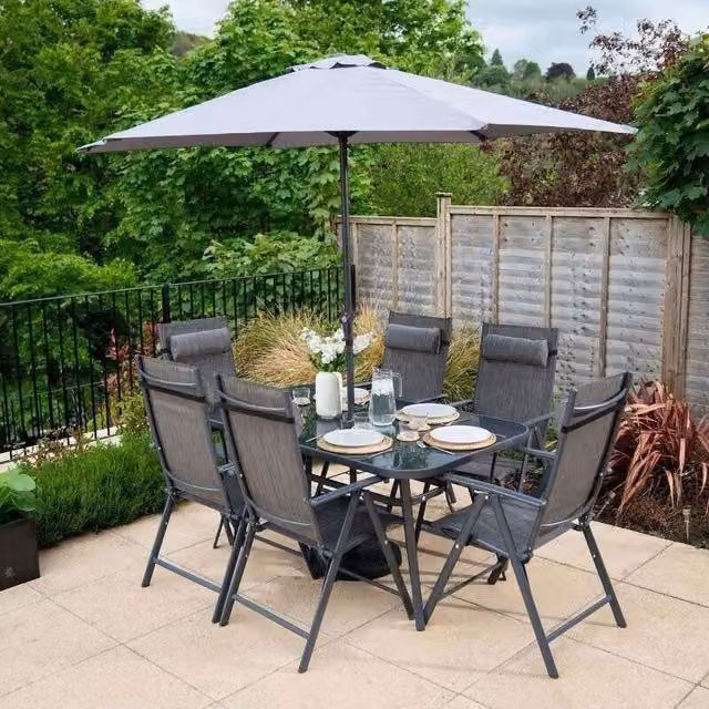 Hectare 6 Seat Modern Rectangular Dining Set with Glass Table and Reclining Polytex Chairs in Black and Grey