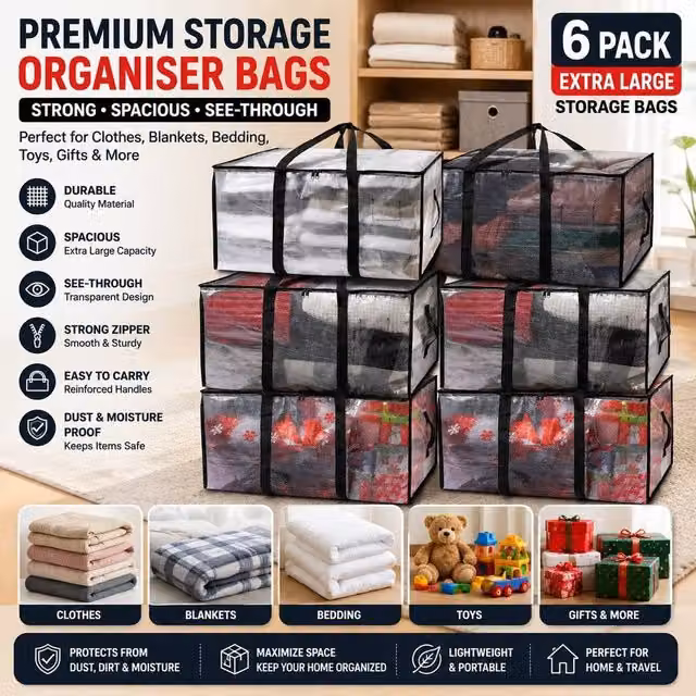 ATEK 6 Pack Heavy-Duty Moving Boxes and Oversized Storage Bags with Backpack Straps, Zippers and Handles in Clear – 1