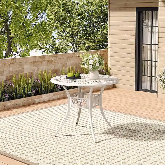 Livingandhome Vintage Metal Patio Garden Table with Umbrella Hole in Beige and White
