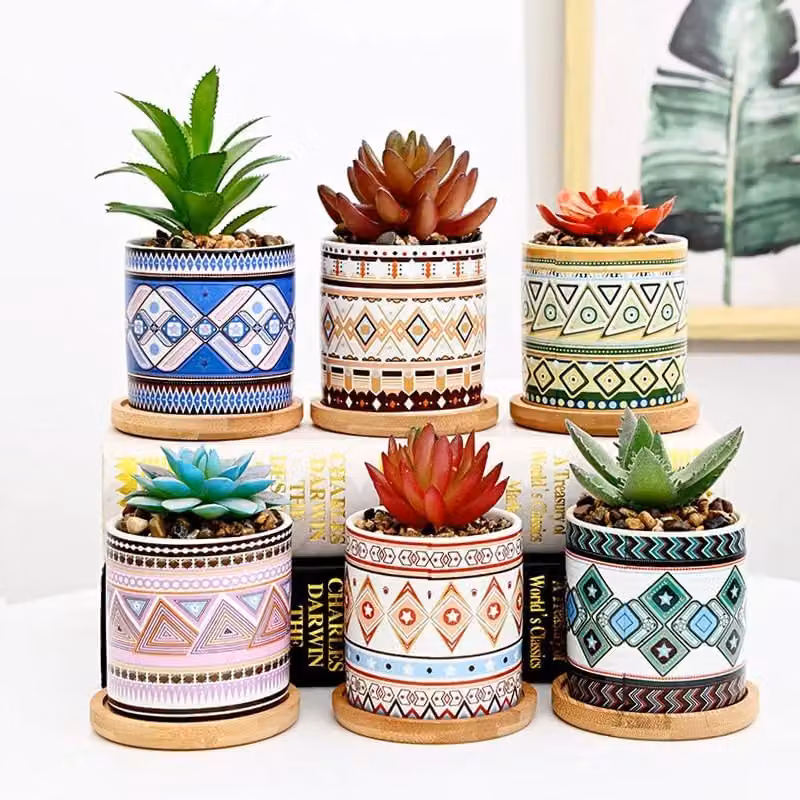 Simpa 6-Piece Multicolour Ceramic Plant Pots with Bamboo Bases and Geometric Natural Patterns – 2