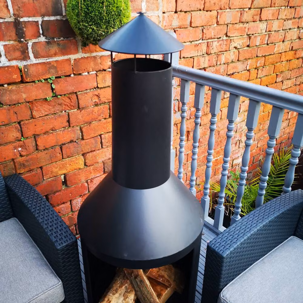 Samuel Alexander Black Steel Outdoor Garden Chiminea Log Burner Fire Pit with Log Store and Cover, Height: 140 cm – 3