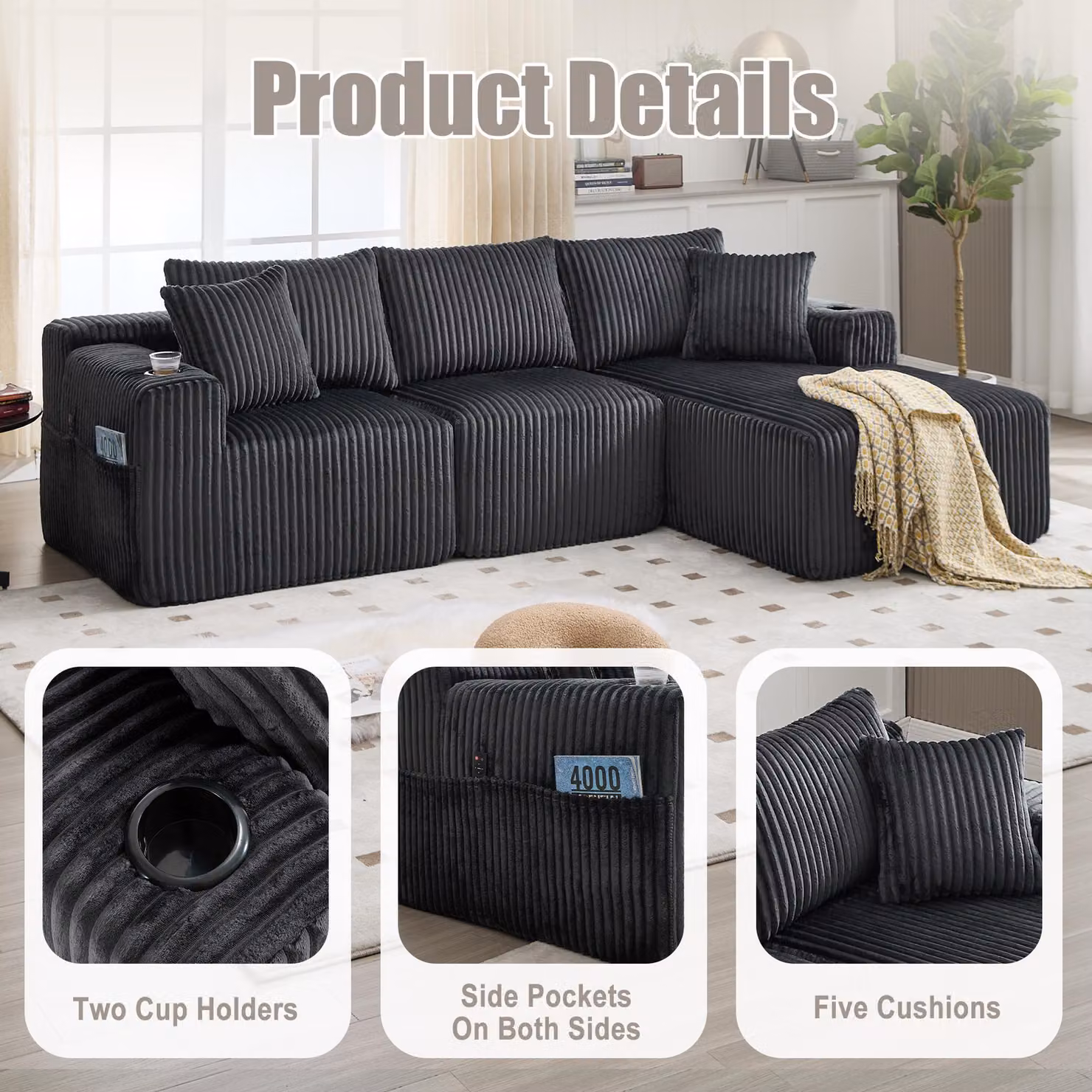 Aosom UK Modular L-Shaped Sectional Sofa in Grey Corduroy with Deep Seats and Reversible Design, W/D/H: 257 x 160 x 80 cm – 5