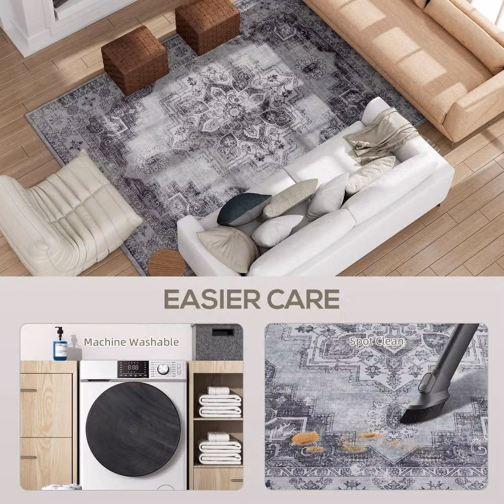 Wyld Haus Vera Grey Floral Vintage Style Non Slip Washable Polyester Rectangular Rug W: 274 cm, D: 183 cm – 4