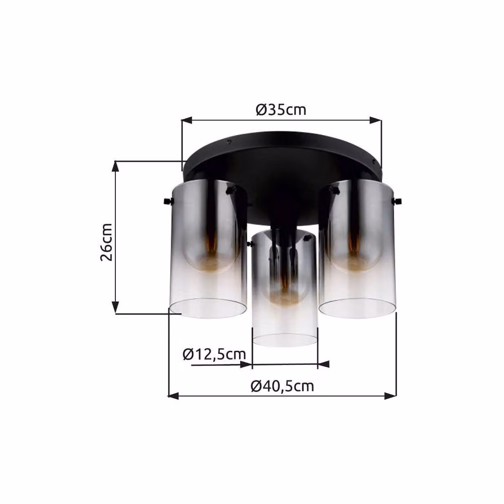 Netlighting Florentina Shade Cluster Ceiling Light in Black with Transparent Grey Glass Shades, 3x E27, Diameter: 40.5 cm – 3