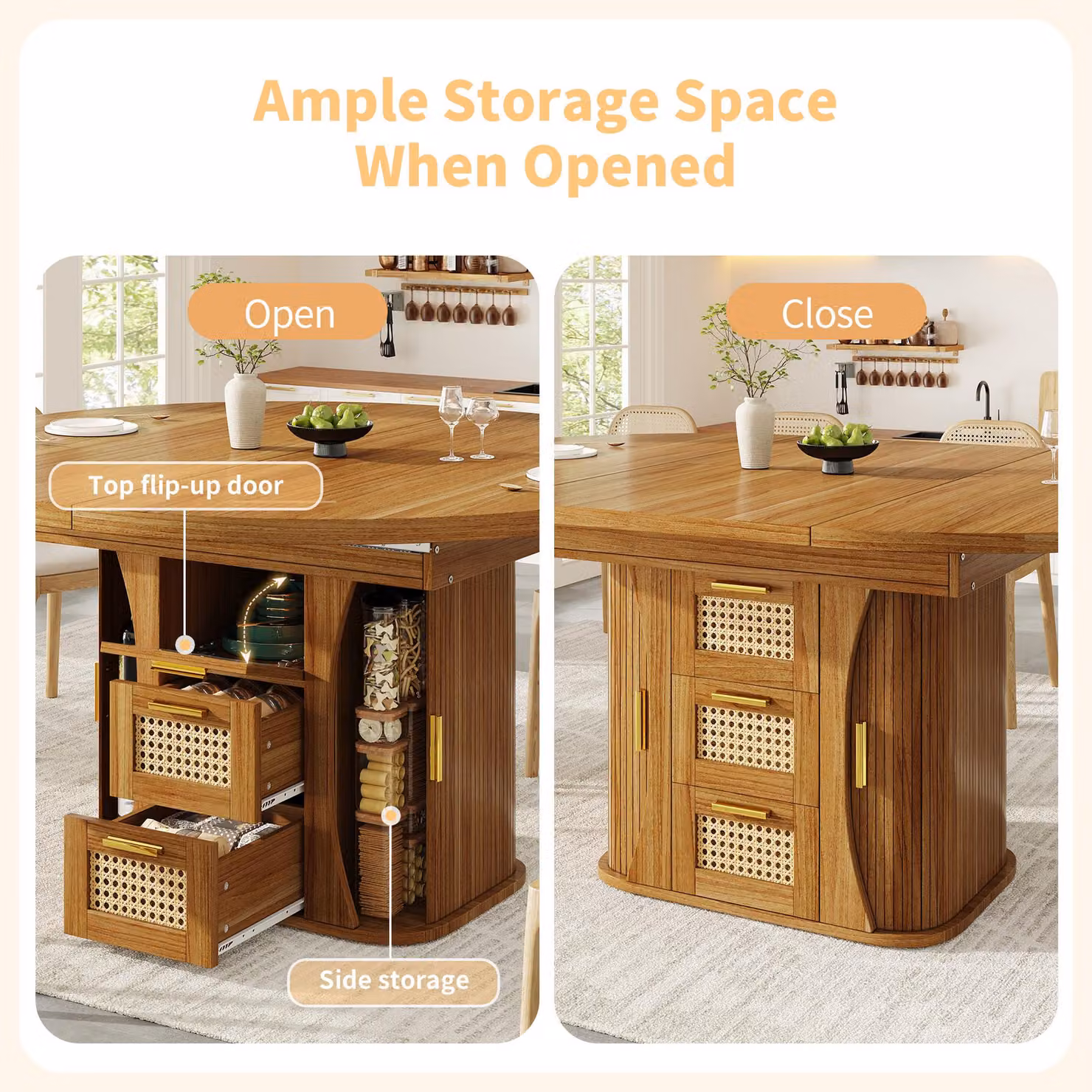Aosom UK Extendable Brown Dining Table with Metal Frame and Rattan-Effect Pull-Out Drawers, W/D/H: 118 x 118 x 77 cm – 4