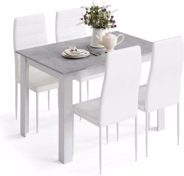 PAWNORA Modern Grey Dining Table and 5 White Chairs Set