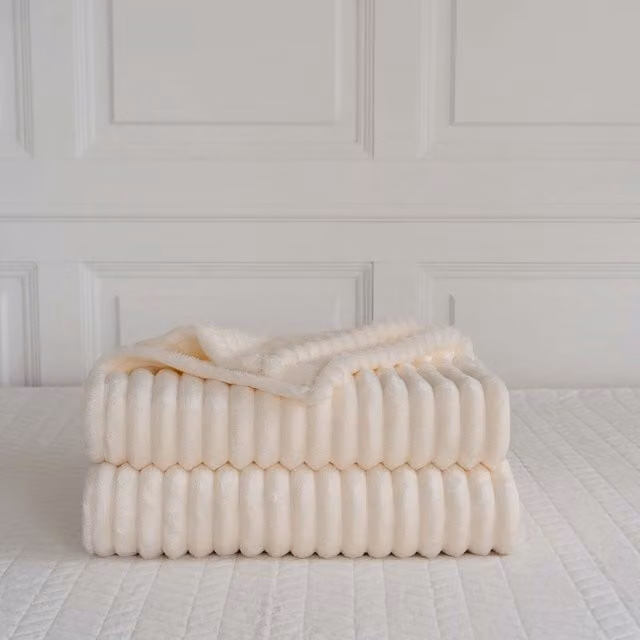 Velosso Modern Striped Velvet Throw Blanket in White and Orange, W/D/H: 305 x 305 cm