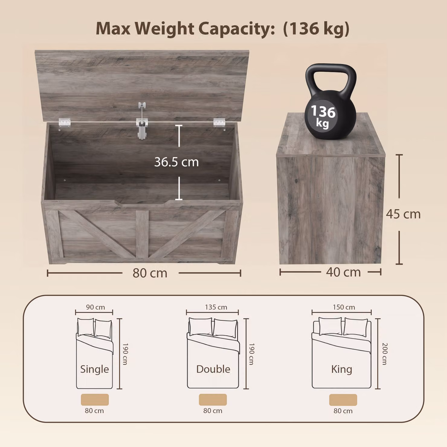 HOMCOM 100L Home Storage Box with Soft-Close Safety Hinge in Grey Wood-Effect, W: 80 cm, D: 45 cm, H: 136 cm – 3