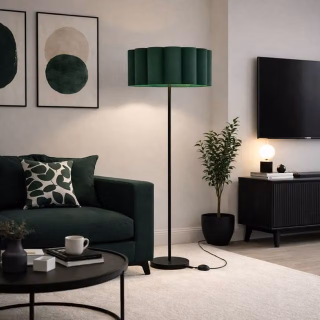 CGC Lighting Lena Matt Black Straight Floor Lamp with Large Scalloped Fabric Lampshade