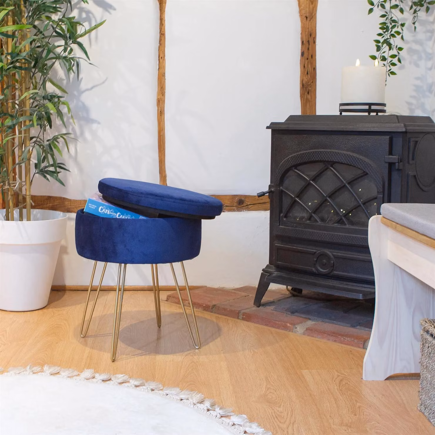 Harbour Housewares Pack of 2 Round Velvet Storage Footstools in Blue with Gold Legs, H45 x D36 cm – 5