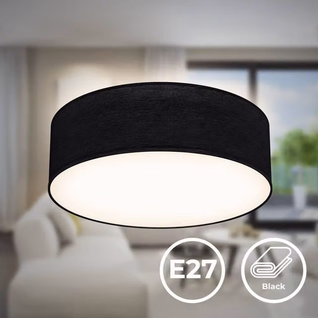 B.K.Licht Black Fabric Cylinder Ceiling Light, W/D/H: 30 x 30 x 10 cm