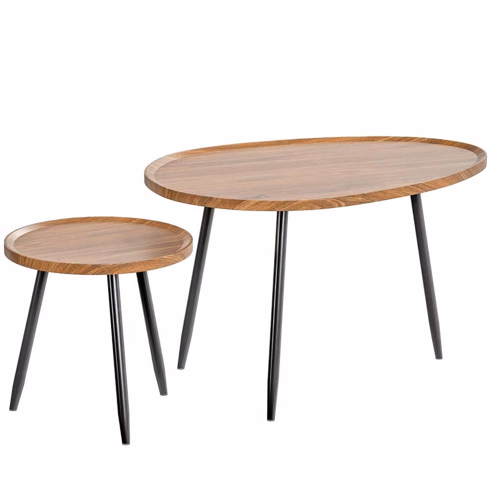 Wyld Haus Suta Set of 2 Round Nesting Coffee Tables in Brown Chestnut Wood Effect and Black Metal – 2