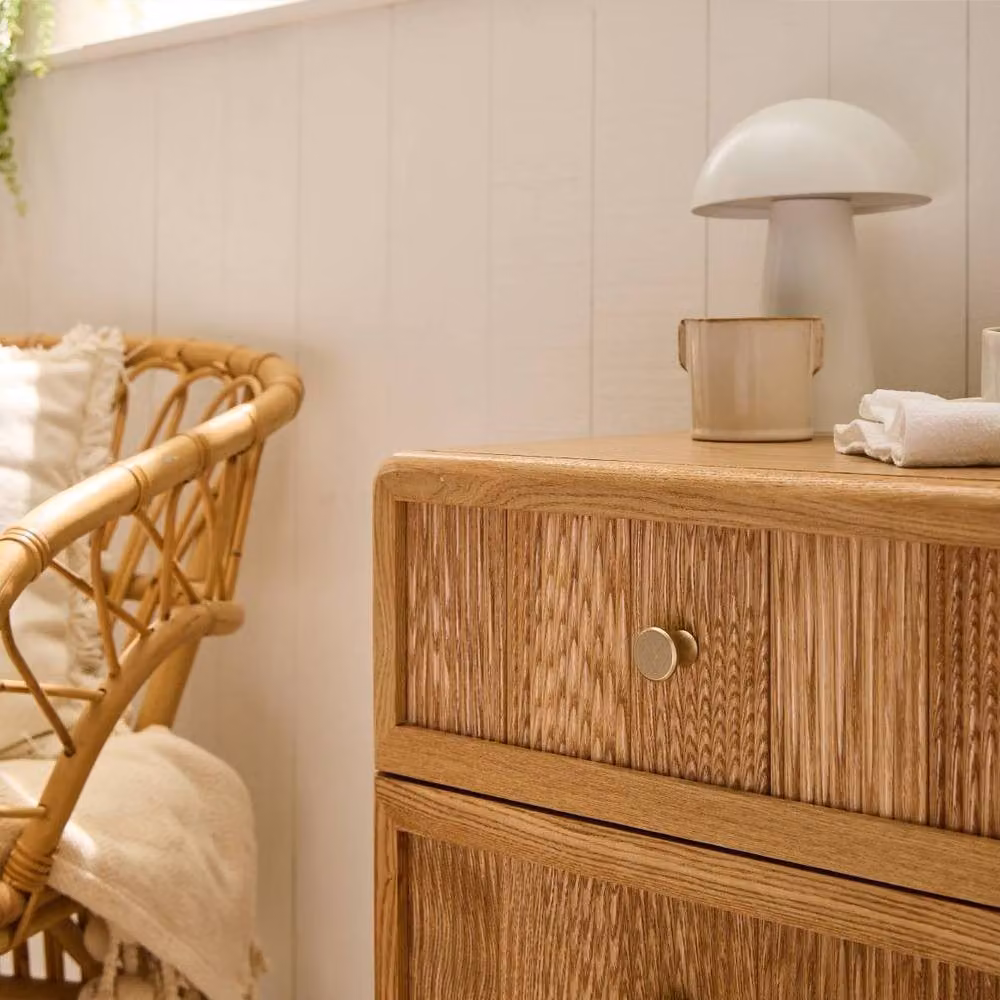CALICOSY 3-Drawer Bedside Table with Slatted Fronts in Light Brown, Height: 71 cm – 2