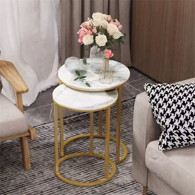 VOGREX Round Nesting Coffee Table with Glossy White Ceramic Marble Effect Stone Tops – 1