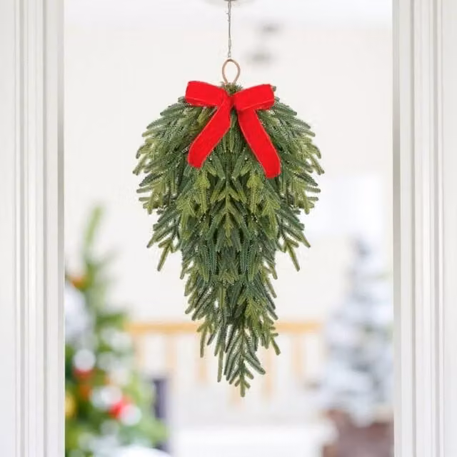 Garden Greatness Green Teardrop Hanging Pine Bow Swag Christmas Decoration