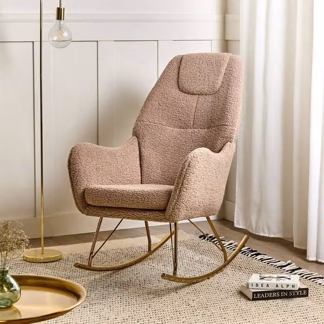 Wyld and Coco Beige Boucle Rocking Chair with Gold Metal Armrests and Rubberwood Frame – 1