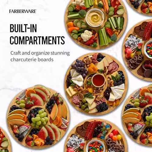 Farberware Multi-Purpose Round Bamboo Snack Board with 5 Dividers and Lid in Brown, Diameter: 35.5 cm – 7