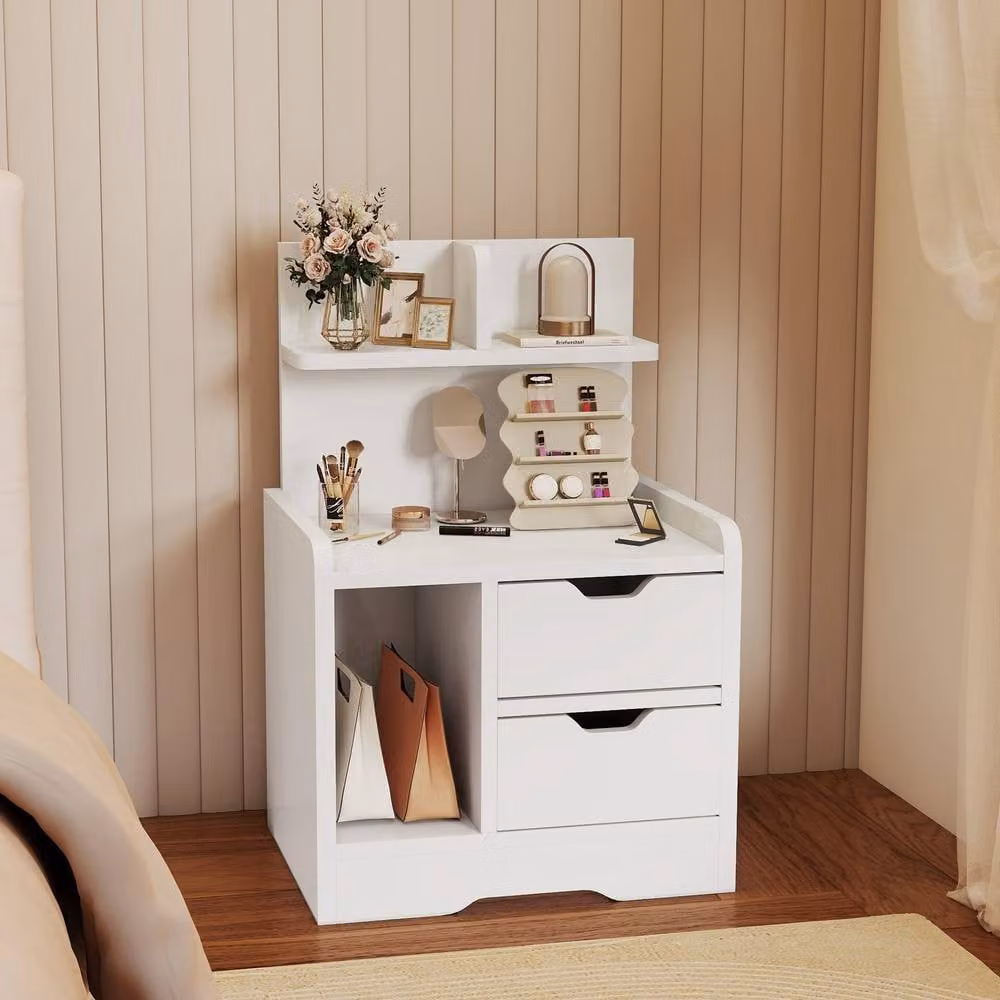 STILVORA Modern Glossy White Bedside Table with 2 Drawers and Shelves – 2
