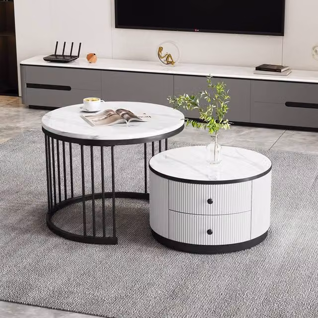 Merax Modern Round Nesting Coffee Table Set of 2 in White Glossy Finish – 1
