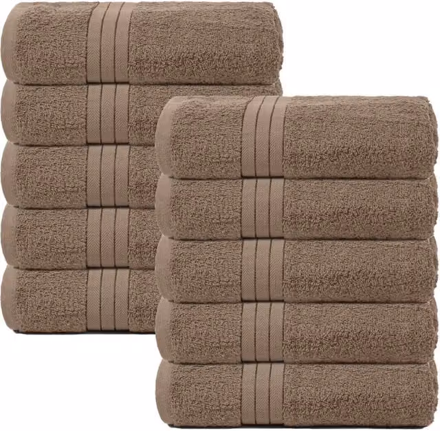 OHS 10 Pack of Fluffy 100% Cotton Terry Bath Towels in Light Beige