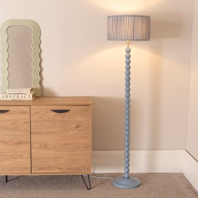 ValueLights Bobbins Blue Floor Lamp with Ruched Pleated Drum Shade and Bulb