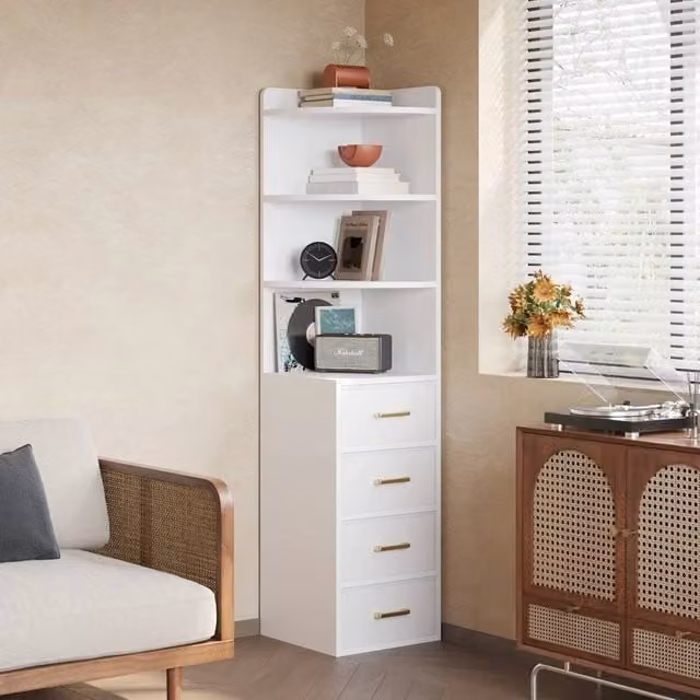 VOGREX White Tall Corner Cabinet with 4 Shelves, 4 Drawers and Gold Handles – 1