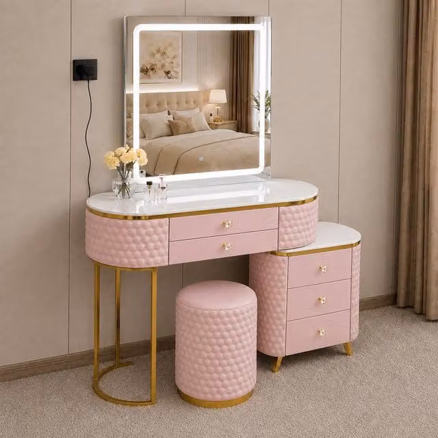 Sliding Wardrobes 4U Modern Pink Dressing Table Set with LED Mirror, Stool and Storage Cabinet, Width: 130 cm – 1