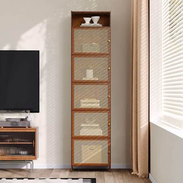 Livingandhome Mid-Century Brown Rattan Narrow Bookcase Storage Unit with Hinged Doors and Internal Shelves, Height: 170 cm