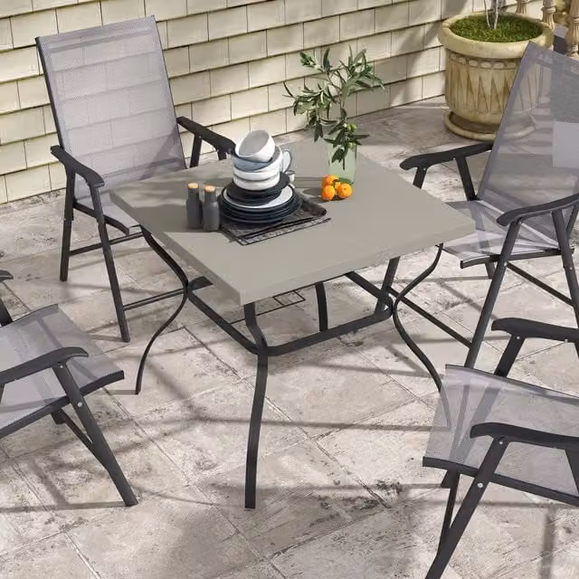 Outsunny Modern Grey Metal Garden Dining Table with Umbrella Hole