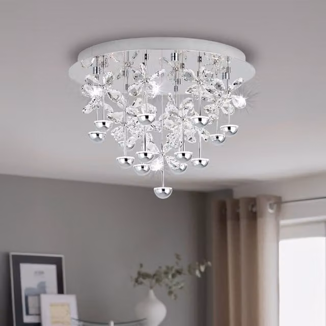 Eglo Pianopoli Modern Suspended Ceiling Light in Chrome and Silver with Transparent Crystal Glass