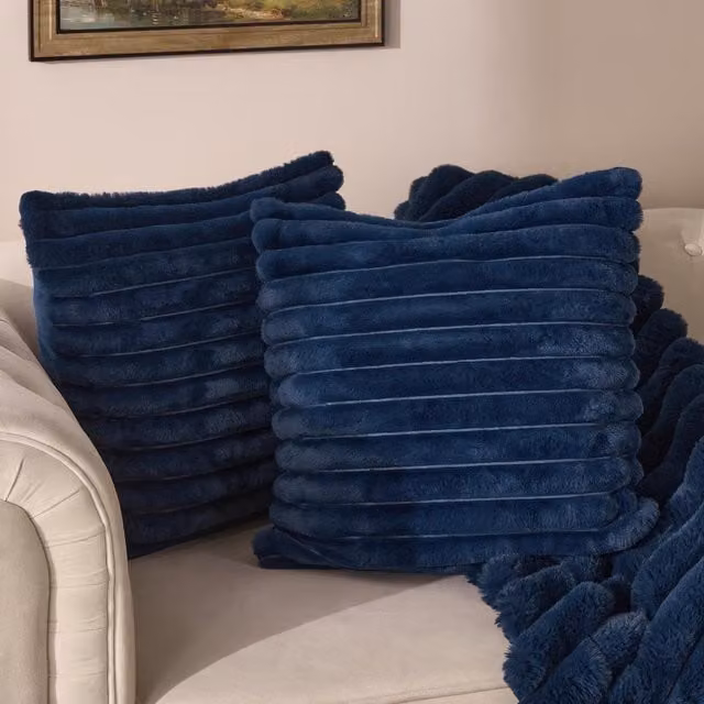 OHS Faux Fur Thick Ribbed Cushion Covers in Navy Blue, Pack of 4, W/D/H: 45 x 45 x 45 cm