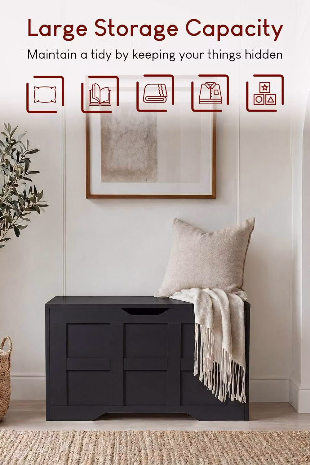 Vida Designs Black Wood Storage Ottoman with Soft Close Lid – 3
