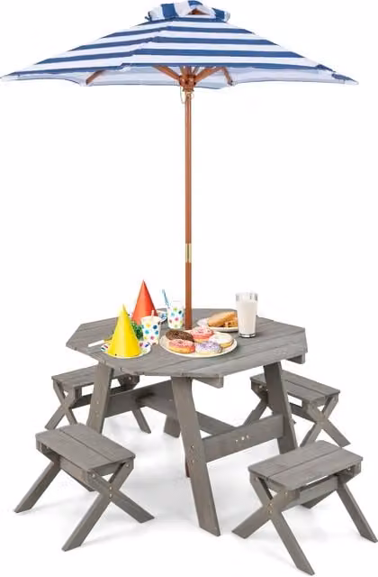 Costway Octagon Kids Picnic Table and Stool Set in Grey Lacquered Wood