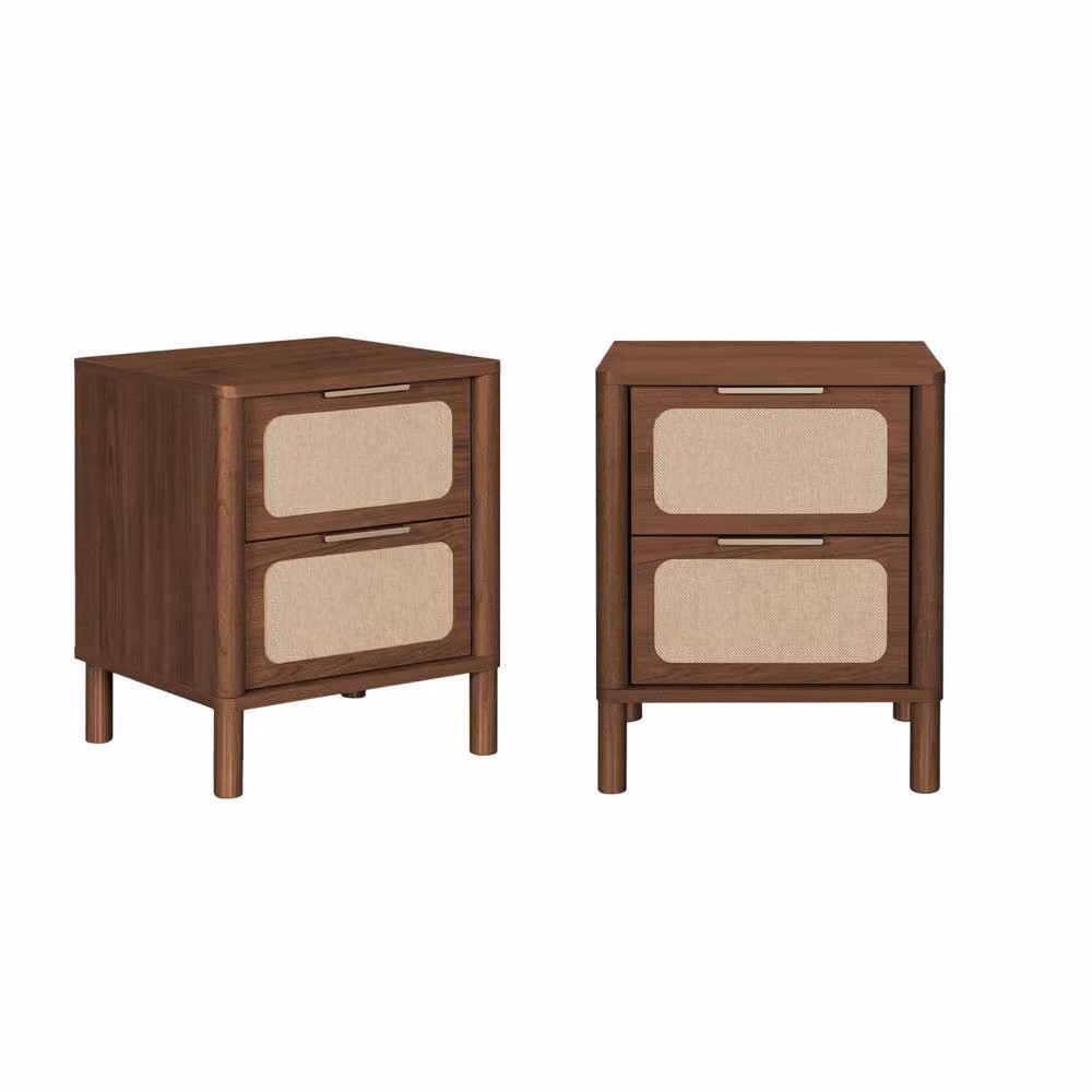 sweeek Set of 2 Vintage Bedside Tables with Wood and Cane Decor in Dark Brown – 2