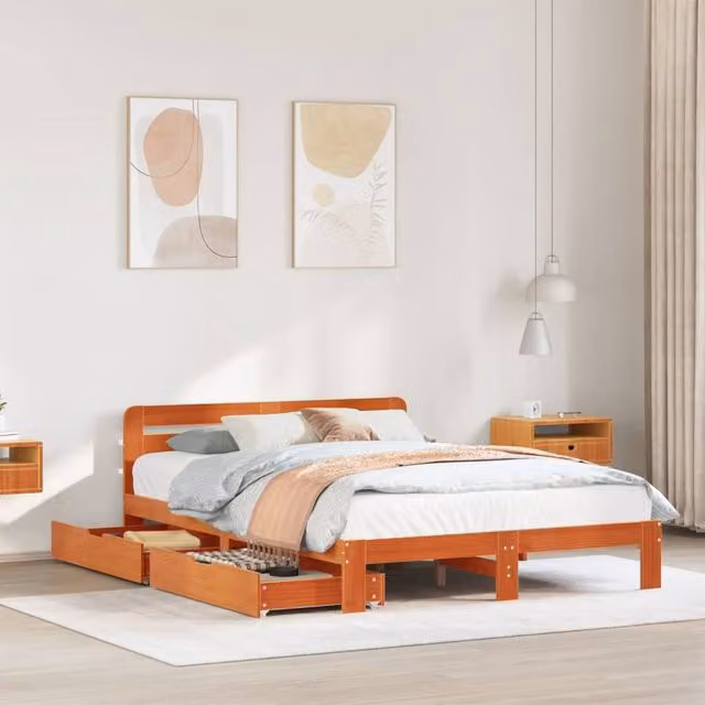Berkfield Home King Size Solid Wood Pine Bed Frame with Drawers, Wax Brown, W: 150 cm, D: 200 cm – 1