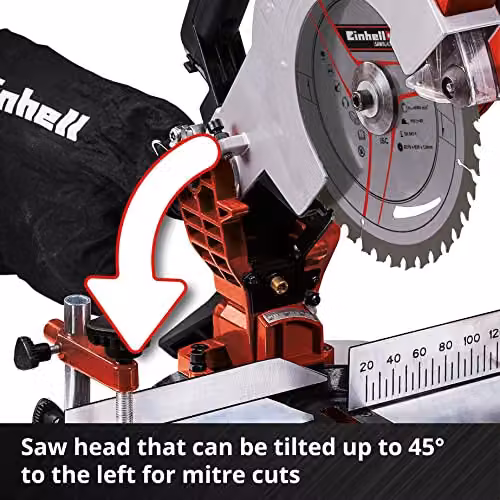 Einhell Power X-Change 18V Cordless Mitre Saw with Work Table, 3000 RPM, Black, Yellow and Red – 4