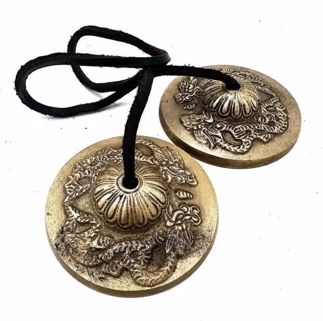 KDMD Tibetan Tingsha Cymbals with Dragon Design in Bronze and Gold Metal for Meditation and Rituals