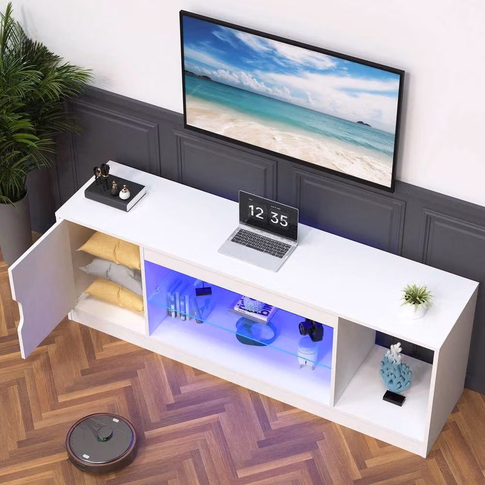 FORGEVIO Modern LED TV Stand Unit with Integrated Lighting in White, W: 148 cm, H: 36 cm, D: 52.5 cm – 2