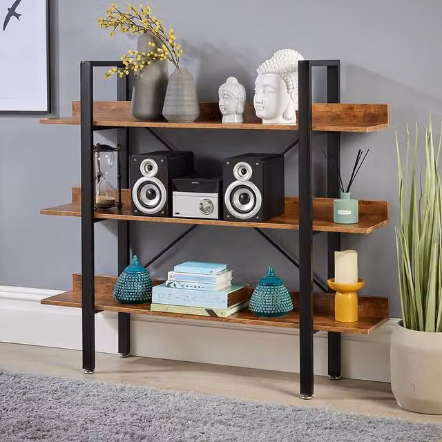 Home Source Urban 3 Tier Wide Low Ladder Bookcase Shelving Unit in Dark Oak