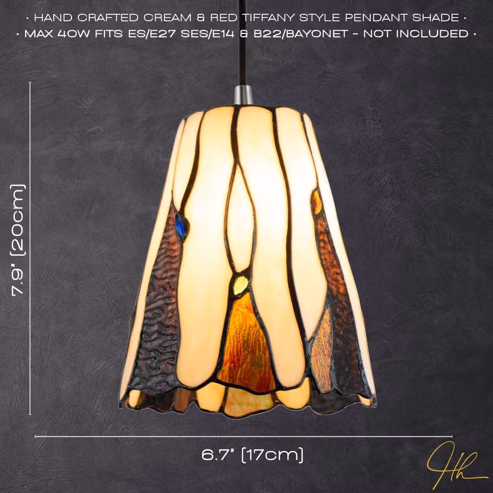 Happy Homewares Amber Stained Glass Tiffany Pendant Light Shade with Coloured Gems in Gold and Multicolour – 4