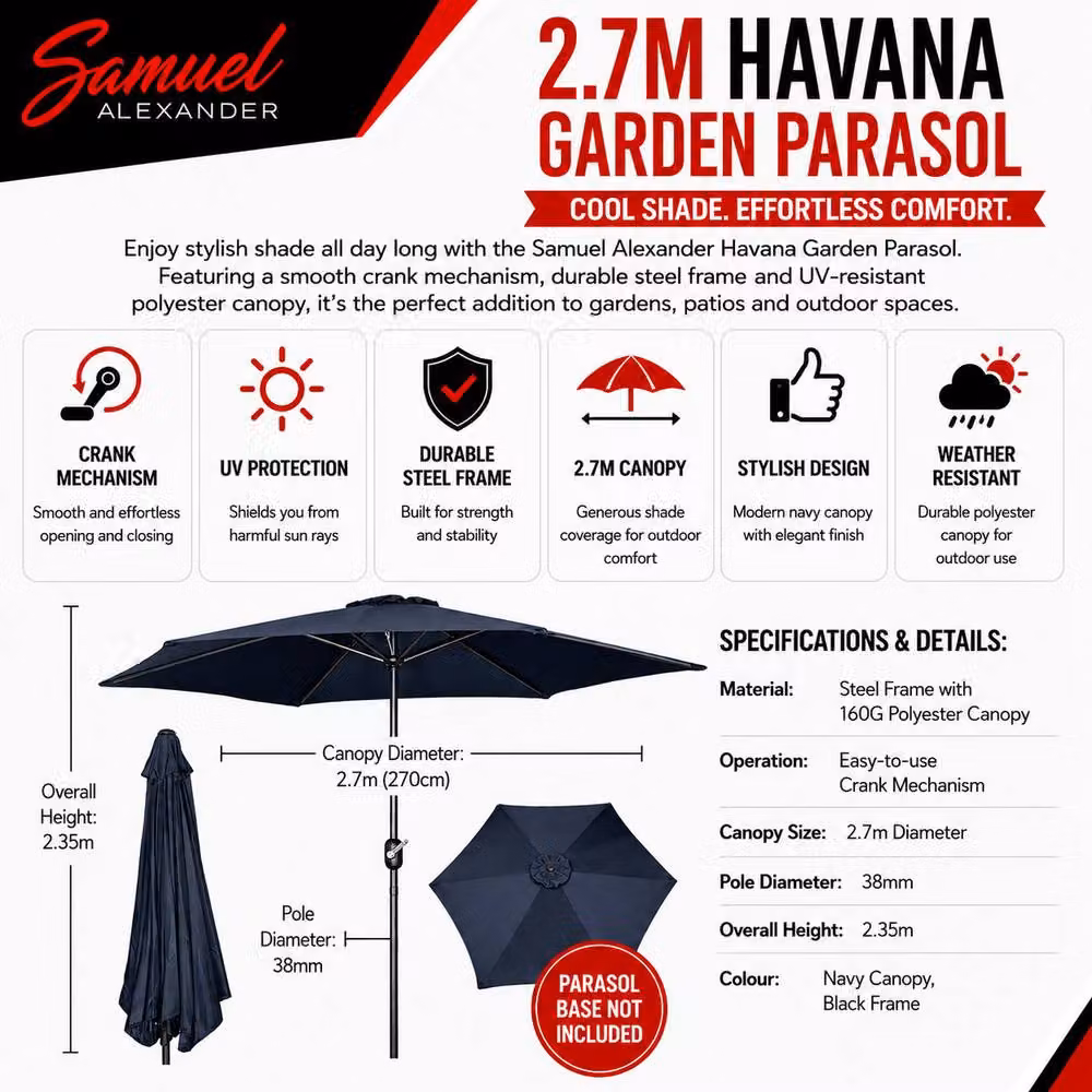 Samuel Alexander Blue Havana Garden Patio Parasol with Crank Handle, W/D/H: 270 x 270 x 235 cm – 5
