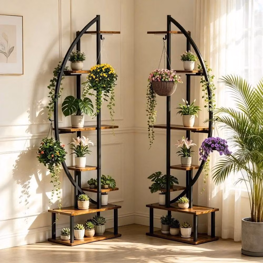 EONLION XL Brown Metal Plant Stand with Integrated Grow Lights and Flower Shelf – 4